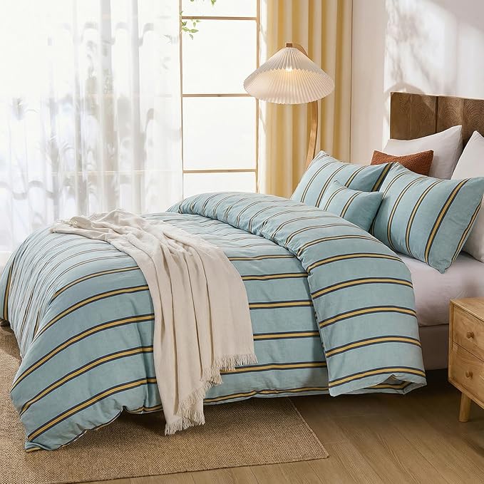Merryword Green & Orange Striped Duvet Cover Set King Size, 100% Cotton Bedding Set with Zipper Closure & 8 Corner Ties, Luxury Linen Like Bedding, Soft Breathable Comforter Cover for All Seasons