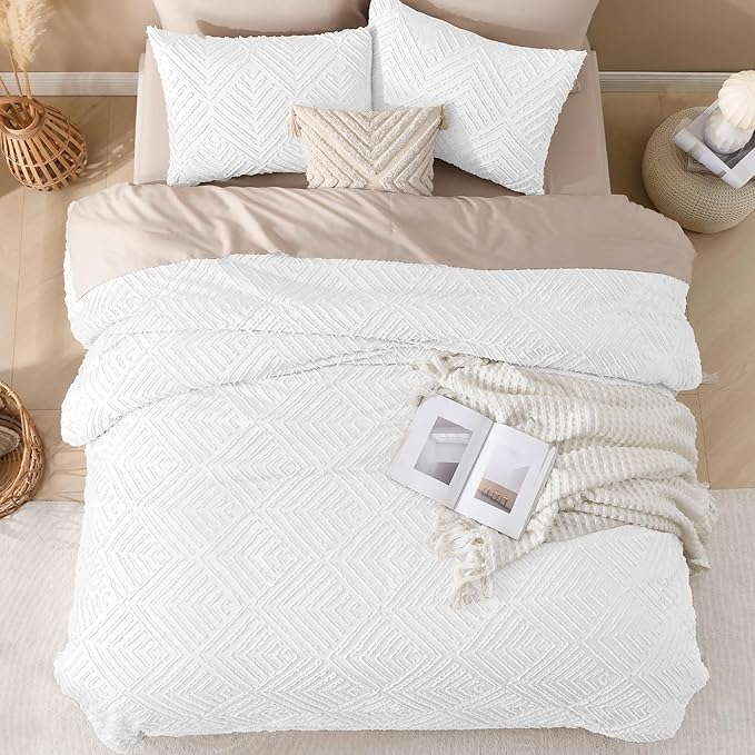 Andency White Oversized King Comforter 120"x98", 3 Pieces White Boho Bedding Set & Collections, Farmhouse Tufted Fluffy Bed Set (1 Comforter, 2 Pillowcases)