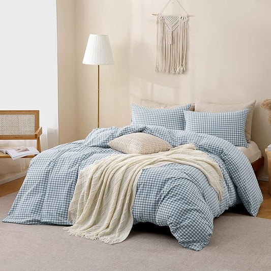 TOCOMOA Blue Gingham Duvet Cover Bedding Set 100% Washed Cotton Like Linen Feel Super Soft Comfortable 3 Piece Vintage Plaid Checkered Comforter Cover Set (King 104"x90", Comforter Not Included)