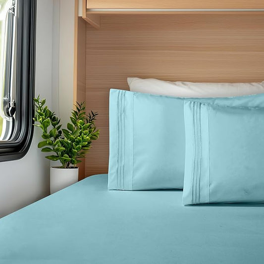 Elegant Comfort Luxurious 1500 Premium Hotel Quality Microfiber Three Line Embroidered Softest 4-Piece Bed Sheet Set, Wrinkle and Fade Resistant, RV Short Queen, Aqua