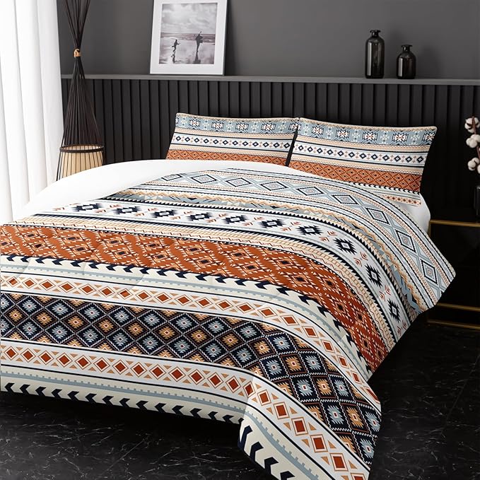 Off White Bohemian Comforter Sets Full Size,Tribal Geometric Bedding Set for Your Room,Abstract Soft Lightweight Quilted Set All Season,1 Comforter and 2 Pillowcases