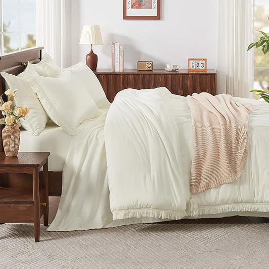 Andency Oversized King Comforter Set Ivory 120x98-7 Pieces Boho Tassel Bed in a Bag Soft Lightweight Bedding Sets, Fringe All Season Bed Set with Comforter, Sheets, Pillowcases & Shams