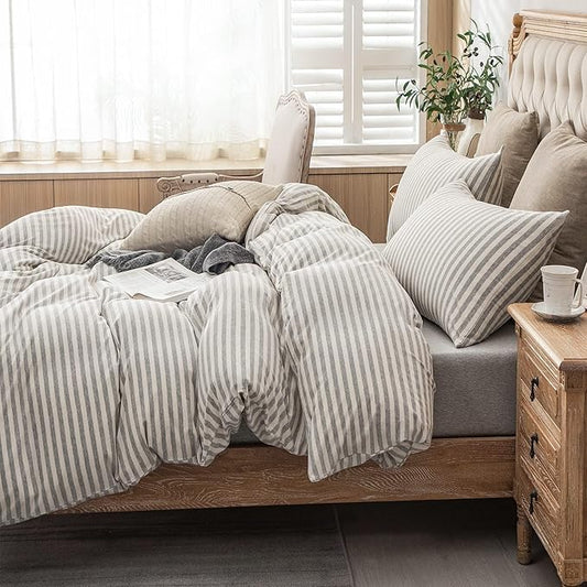 PURE ERA Jersey Knit Duvet Cover Set 100% T-Shirt Heather Cotton Super Soft Comfy Classic Striped with Zipper Closure, Grey & White Stripe, California King