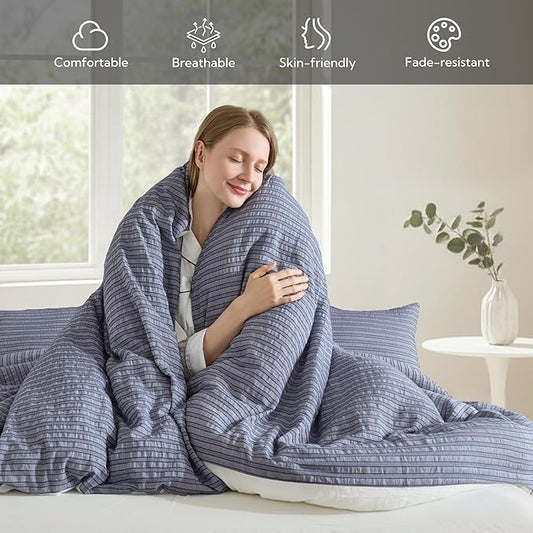 MILDLY Jacquard Stripe Duvet Cover - Navy Blue 100% Washed Cotton Boho Textured Comforter Cover Set with Zipper Closure 104"x90"