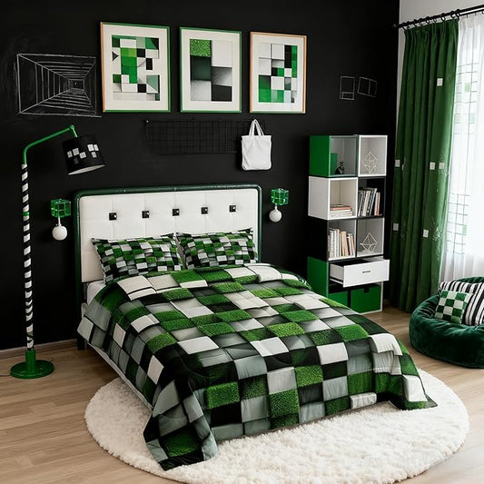 Pixelated Miners Game Kids Bedding Set King Size,Video Games Cartoon Gamepad Comforter Set๏ผModern Geometric Check Quilt Comforter,Green White Bedroom Duvet Insert,2 Pillowcases