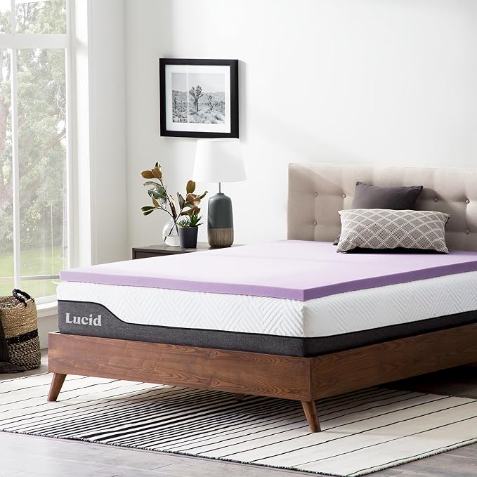 Lucid 2 Inch Lavender Memory Foam Mattress Topper, Twin Size – Essential Oil Infusion – Plush Feel, Pressure-Relieving Bed Topper – Ventilated and Breathable – CertiPur Certified