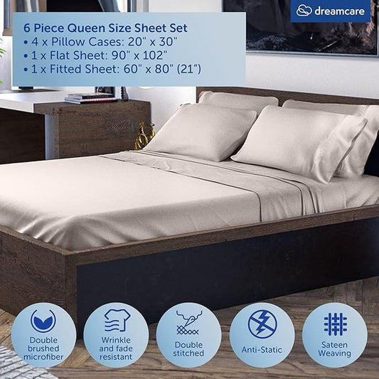 DREAMCARE Queen Sheet Set โ 6 pcs Cooling Bed Sheets โ up to 21โ Deep Pocket Queen Sheets Set โ 2500 Supreme Collection โ Extra Soft 100% Brushed Microfiber Hotel Luxury with Side Pocket โ Beige