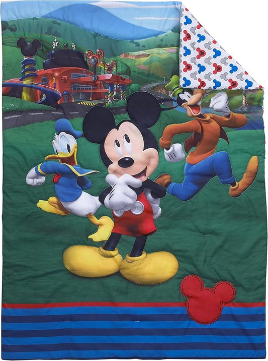 Disney Mickey's Big Adventure Blue, Red, Yellow & Green 4Piece Toddler Bed Set - Comforter, Fitted Bottom Sheet, Flat Top Sheet, Reversible Pillowcase, Blue, Red, Yellow, Green