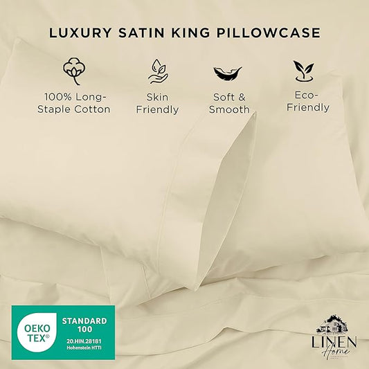 Linen Home 500 Thread Count King Pillowcase Set | 100% Long-Staple Cotton Pillow Cases | Soft & Smooth Luxury Satin Set of 2 Pillowcases | 4 Inch Z Hem | Ivory