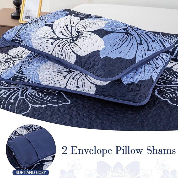 DJY 3 Pieces Quilt Set King Navy Blue Floral Pattern Quilt Coverlet Set Gorgeous Boho Bedspread with 2 Pillow Cases Cozy Microfiber Botanical Bedding Quilt Set for Teens Adults 104"x 90"
