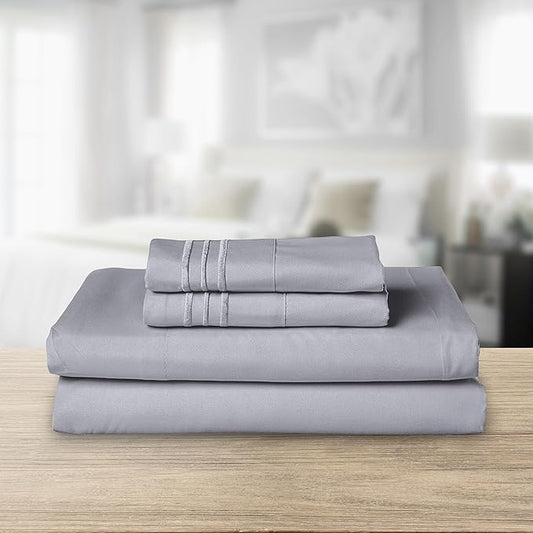 Elegant Comfort Luxurious 1500 Premium Hotel Quality Microfiber Three Line Embroidered Softest 4-Piece Bed Sheet Set, Wrinkle and Fade Resistant, Full, Silver-Light Grey