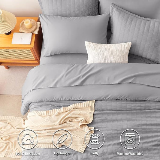 CozyLux King Size Comforter Set Grey Seersucker 7 Pieces Bed in a Bag King Comforter Set with Sheets, Gray Luxury Soft Bedding Sets with Down Alternative Comforter, Sheets, Pillowcases & Shams