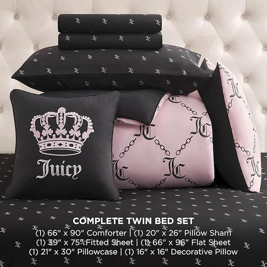 Juicy Couture Light Pink/Black Link Logo Printed Comforter Set, Twin – Complete 6-Piece Bed in a Bag Collection