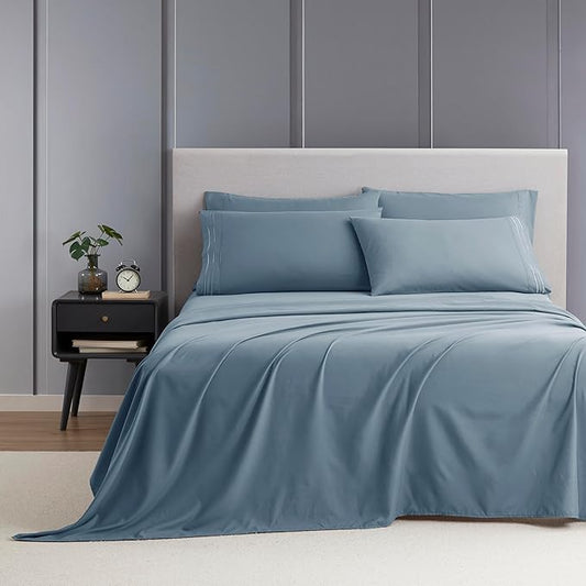Clara Clark King Sheets - Hotel Luxury 6 Piece Bed Sheets for King Size Bed - Soft Bedding Sheets & Pillowcases, Fits Mattress up to 16 inch deep. King, Stone Blue