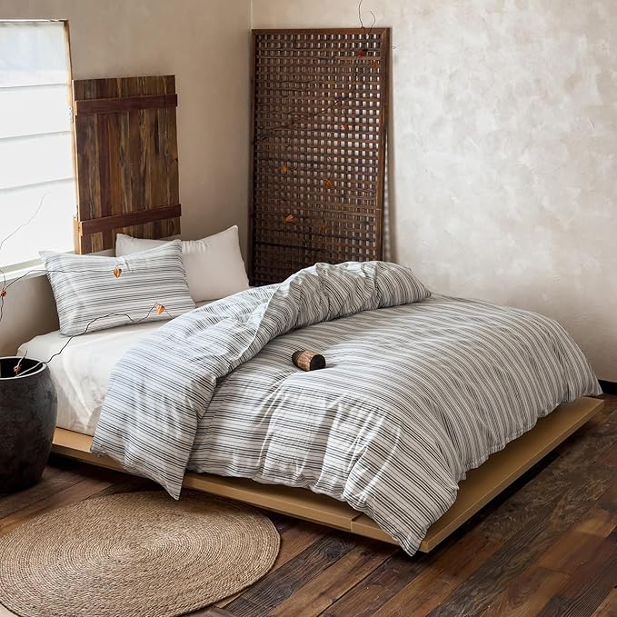 Striped Twin Duvet Cover Off White Washed Cotton Twin Comforter Cover Farmhouse Boho Soft Zipper Duvet Cover Set with 2 Pillowcases Grey Vertical Stripe Bedding Set Pattern Duvet Protector