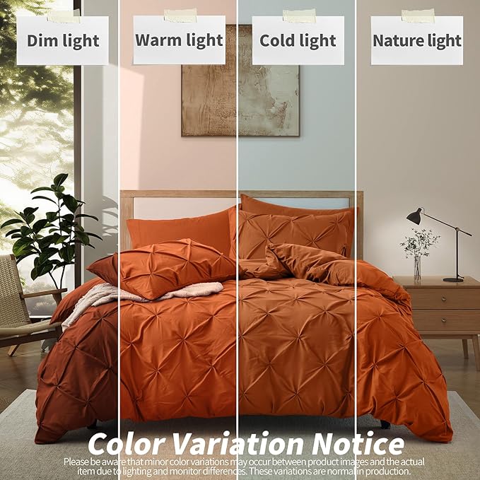 VACVELT 5 Piece Pinch Pleated Duvet Cover California King Size Set, Burnt Orange Pintuck Duvet Cover with Zipper & 8 Ties, Soft Microfiber Duvet Cover + 2 Pillow Shams + 2 Pillowcases, No Comforter