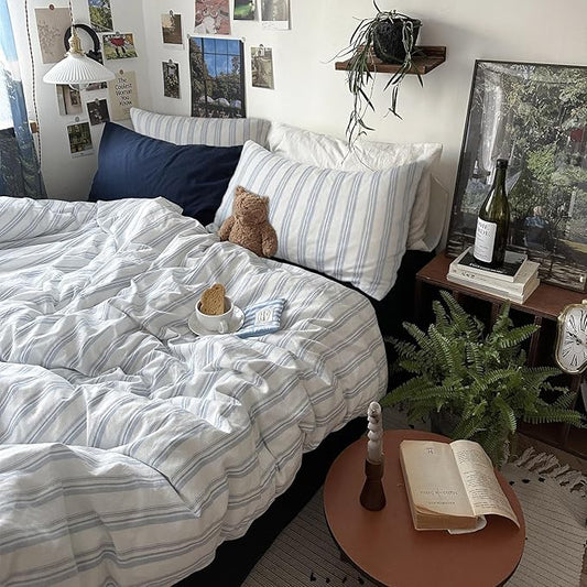 mixinni Vintage Light Blue & White Striped Comforter Set King Size - Soft Washed Cotton 3-Piece Bedding Set (1 Comforter + 2 Pillowcases), Retro Geometric Pattern, All-Season Breathable & Fluffy