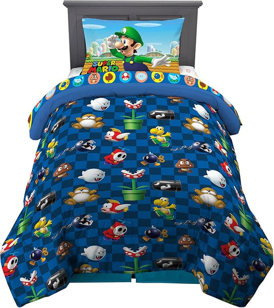 Super Mario Kids Twin Size Bedding, 4 Piece Super Soft Cozy Reversible Comforter and Sheet Set, (Officially Licensed Product) By Franco