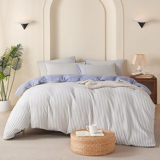 Striped Comforter Queen Blue Soft Luxury Washed Microfiber Jacquard 3 Pieces Bedding, White Blue Vertical Ticking Stripes Pattern Comforter with 2 Pillowcases Breathable Durable Comfy