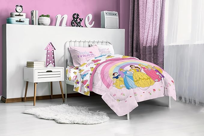 Jay Franco Disney Princess Rainbow 5 Piece Twin Bed Set - Includes Comforter & Sheet Set - Bedding Features Aurora, Belle, & Cinderella - Super Soft Fade Resistant Microfiber