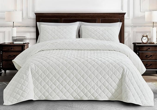 Chezmoi Collection Lux Cream White Velvet Quilt King Set, 3-Piece Plush Distressed Velvet Bedding All Season Lightweight Comforter Brushed Microfiber Reverse with Diamond Stitch Quilting