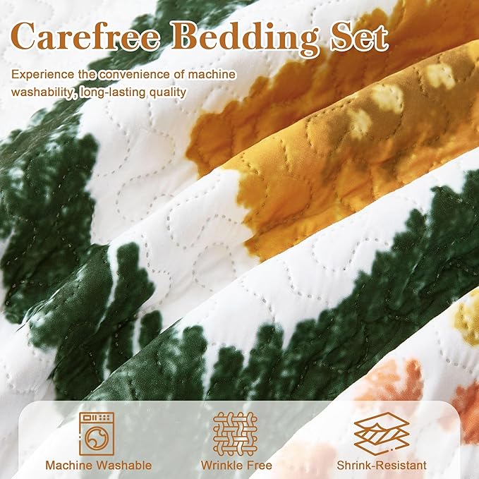 3 Piece Boho Floral King Size Quilt Sets Farmhouse Botanical Reversible Lightweight Bedspread Coverlet with 2 Shams Mid Century Leaves Microfiber Bedding Quilts Set for All Season, 106''x96''