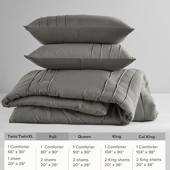 Comfort Spaces Grey Full Size Comforter Set - 3 Pieces Pintuck Pleated Bedding Sets, All Season Lightweight, Extra Softness Pre-Washed Microfiber Full Bed Set, Shams, Full