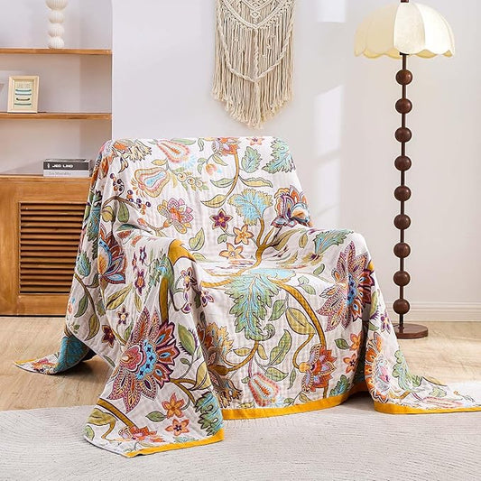 Boho Throw Blanket for Bed, 100% Cotton Soft Rustic Quilt Fall Blanket, 50"x60" Floral Printed Farmhouse Decor Bed Blankets, All Season Rustic Reversible Bohemian Throw Quilt
