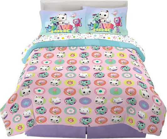 DreamWorks Gabby's Dollhouse Cakey, MerCat And Pandy Kids Bedding Super Soft Comforter And Sheet Set, 5 Piece Full Size, By Franco.