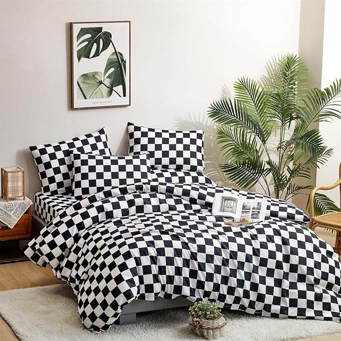 CLOTHKNOW Black White Plaid Comforter Set Queen Grid Bedding Comforter Sets Soft Checker Geometric Queen Comforter with 2 x Pillow Cases
