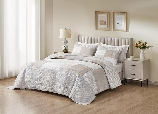 Chezmoi Collection Quinn 2-Piece Neutral Taupe Gray White Floral Hibiscus Flower Candy Stripe Patchwork Quilt Set - Pre-Washed Cotton Coverlet - Lightweight Reversible Bedspread, Twin Size