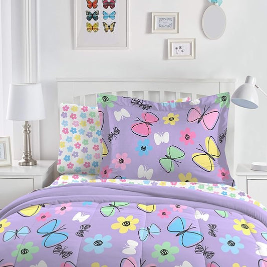 Dream Factory Sweet Butterfly Ultra Soft Microfiber Girls Comforter Set, Purple, Twin