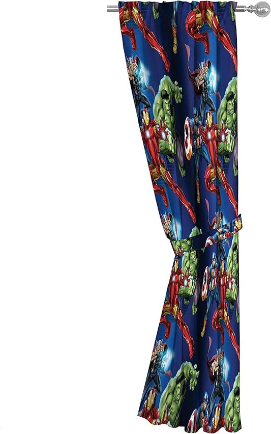 Jay Franco Kids Window Drapes - 4 Piece Curtain Set Includes 2 Tiebacks, Beautiful Bedding Room Décor and Easy Set Up, Blue - Avengers, 63 Inch