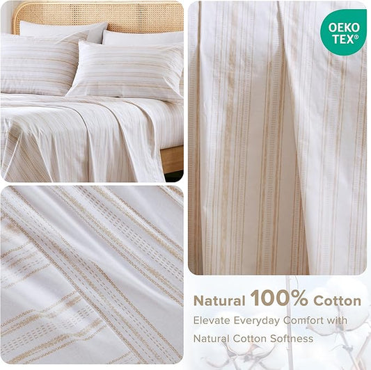 Comfort Spaces 100% Cotton Sheets Queen, Breathable, Naturally Cool Cotton Sheets, Cotton Bed Sheets with 14" Elastic Pocket Fits up to 16" Mattress, All Seasons Sheet Set, Good Vibes Taupe 4 Piece