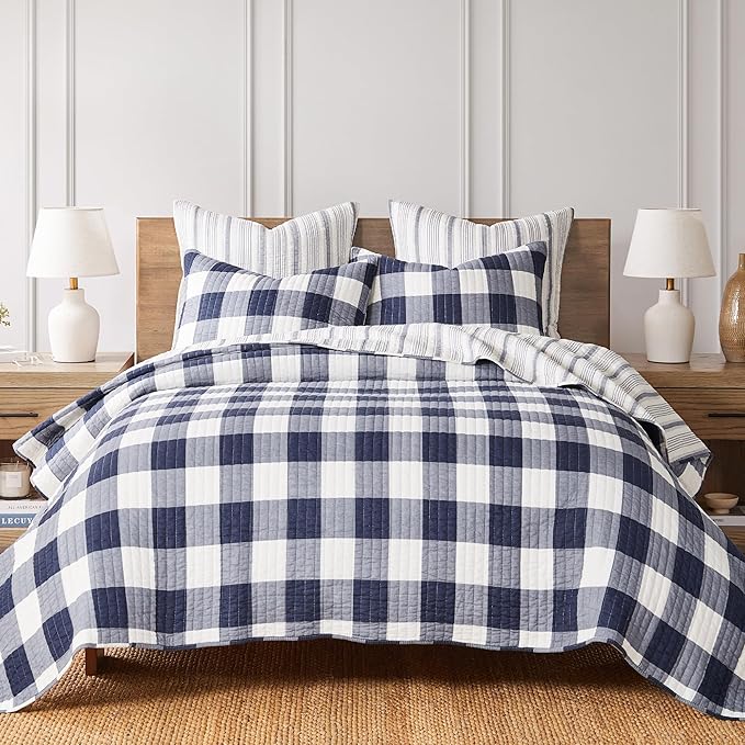Levtex Home - Camden - Euro Shams (Set of 2) - Quilt Back Stripe - Subtle Famhouse Stripe - Navy and Cream - (26x26in.), No Insert