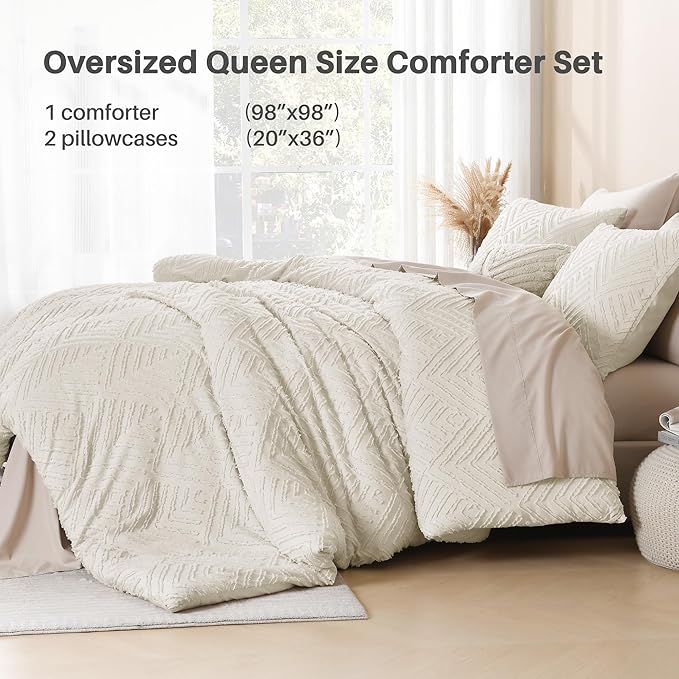 Litanika Beige Oversized Queen Comforter, 3 Pieces Cream Tufted Boho Farmhouse Bedding Comforter Sets, Lightweight Fluffy Comforter Bed Set for All Season (98x98In Comforter and 2 Pillowcases)