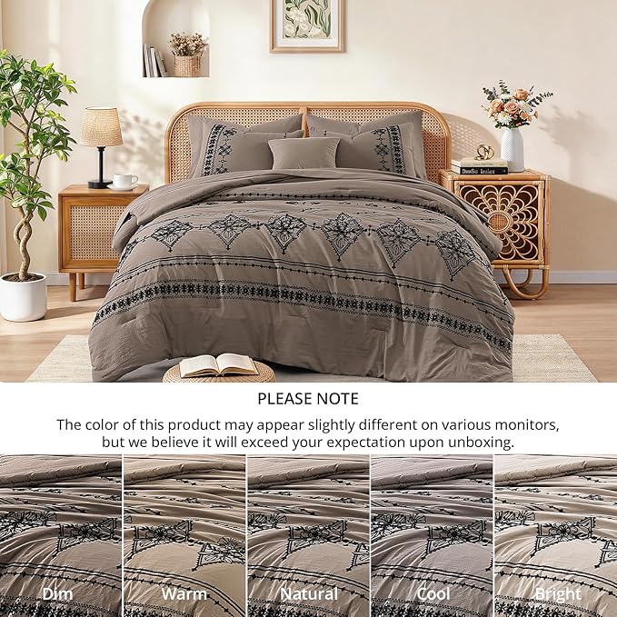 MaiRêve Full Size Comforter Set Taupe Grey, Embroidery Floral Western Boho Bedding Set, All Season 7 Pieces Bed in a Bag with Sheets, Pillowcases & Shams