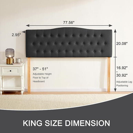 Tufted Headboard King Size, Solid Wood Adjustable Height Head Board, Black | Upholstered King Headboard Only with Durable Solid Wood Legs, Adjustable Height 37-51 in, Fabric Button Diamond HeadBoards