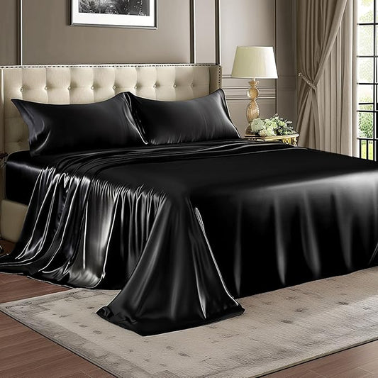 BEDELITE Satin Sheets Full XL Size Bed Set, Luxury Soft Black Silky Sheets for Hair and Skin, Similar to Silk Bed Sheets Set 4 Pieces with 1 Deep Pocket Fitted Sheet, 1 Flat Sheet, 2 Pillowcases