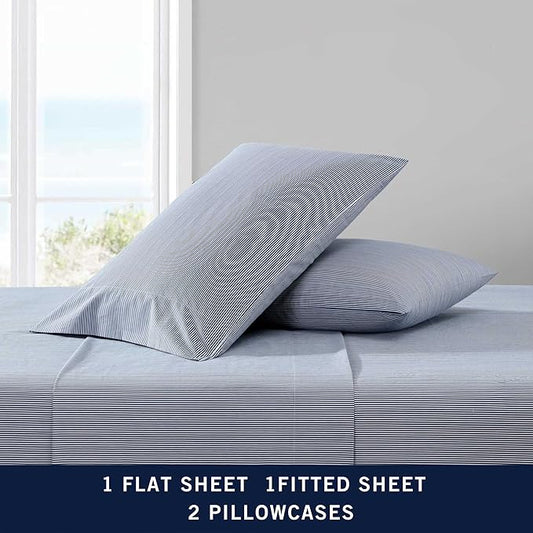 Nautica - King Size Sheet Set, Crisp & Tailored Cooling Sheets with a Smooth Cotton Percale Lightweight Feel - Bed Sheets with Matching Pillowcases & Fitted Sheet (Penny Pinstripe Navy)