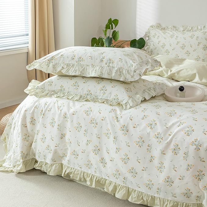 HighBuy Green Floral Comforter Set Twin XL Lace Ruffles Reversible Stripes Comforter Fluffy with 2 Pillow Shams Toddler Girls Boho Romantic Lace Coquette Bedding Set