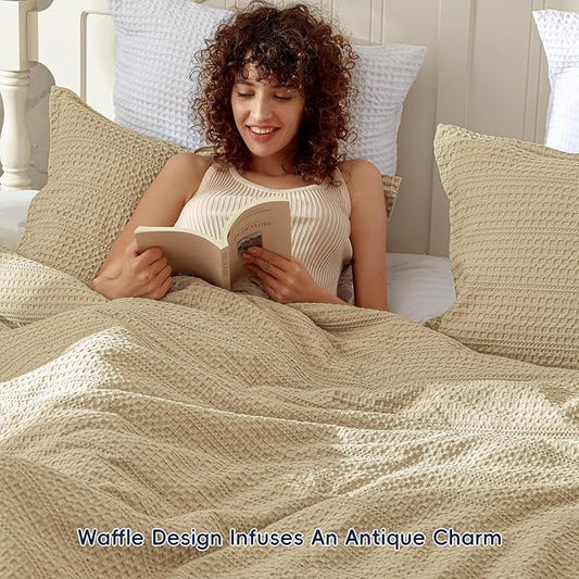 PHF Soft Waffle Comforter Set Queen Size- Comfy Breathable Waffle Weave Comforter with 2 Pillow Shams, 3 Pieces Less Snagging Lightweight Textured Bedding Set for All Season, Light Khaki