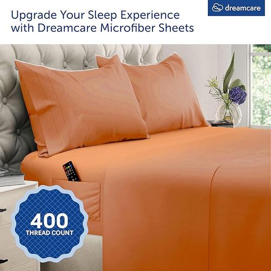 DREAMCARE Queen Size Sheets - Cooling Bed Sheets - 4pcs Set - up to 15" Deep Pocket Queen Sheet Set - Sheets Queen Size Bed - Soft & Long Lasting 100% Fine Brushed Polyester with Side Pocket Terracota