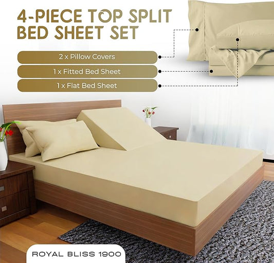 Top Split Flex Head King Size Sheet Set - Egyptian Quality Ultra-Soft Bed Sheets | Double Brushed | Deep Pockets- Easy Fit - 4 Piece Set- Fade Resistant (Tan)