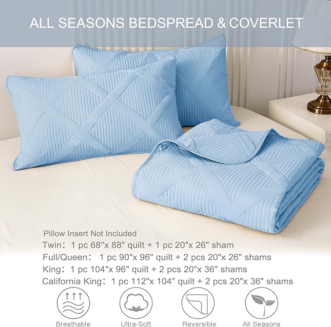 Exclusivo Mezcla Twin Size Quilt Set with Modern Striped Pattern, 2 Pieces Lightweight Sky Blue Quilts Bedding Set, Soft Bedspreads Coverlets for All Seasons