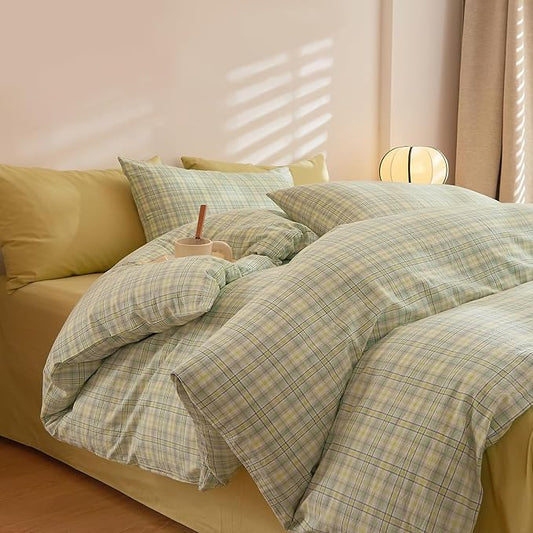 EAVD Green Gingham Duvet Cover Queen Size Washed Cotton Bedding Set 3 Pieces Multicolor Grid Plaid Duvet Cover with 2 Pillowcases Modern Farmhouse Gingham Bedding Set with Zipper Closure