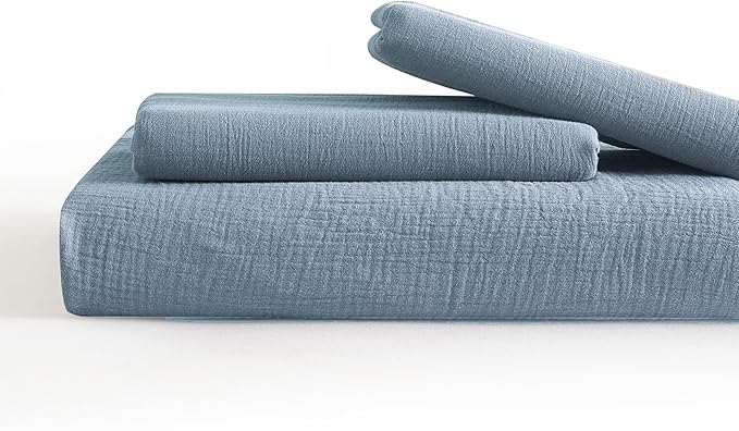 SE SOFTEXLY Muslin Duvet Cover King Size, 100% Washed Cotton Duvet Cover Set, Ultra Soft Comforter Cover Linen Like, 3 Pieces Minimalist Gauze Duvet Cover with 2 Pillowcases, 90"x104", Blue