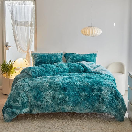 Wajade Faux Fur Plush Tie Dye Teal Comforter Set Fluffy Fuzzy Shaggy Bedding Set - 3PC Full Size Microfiber Soft Warm Quilt Set