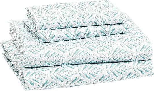 Amazon Basics Lightweight Breathable Brushed Microfiber 4-Piece Bed Sheet Set with 14-Inch Deep Pockets, Wrinkle Resistant, Queen, Aqua Fern, Printed