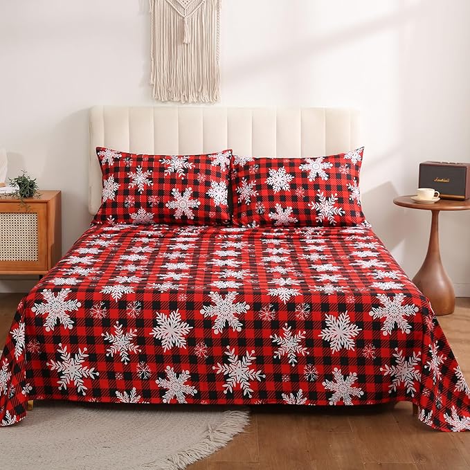 JSD Red Buffalo Plaid Snowflakes Christmas Sheet Set Cal King, 4 Piece Holiday Winter Microfiber Bedding Sheets Extra Deep Pocket